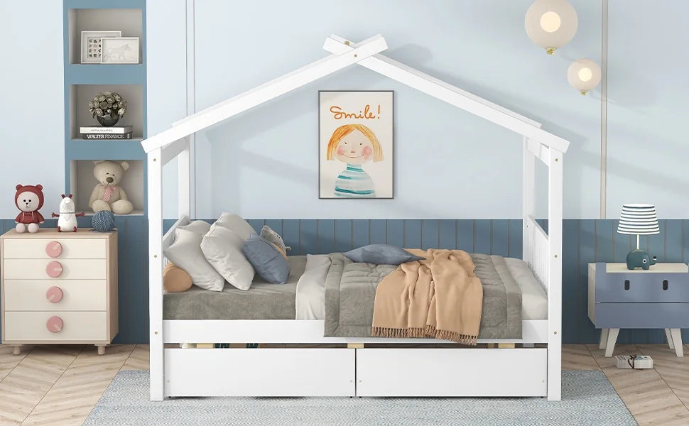 Full Size White Wooden House Bed with Drawers U67742