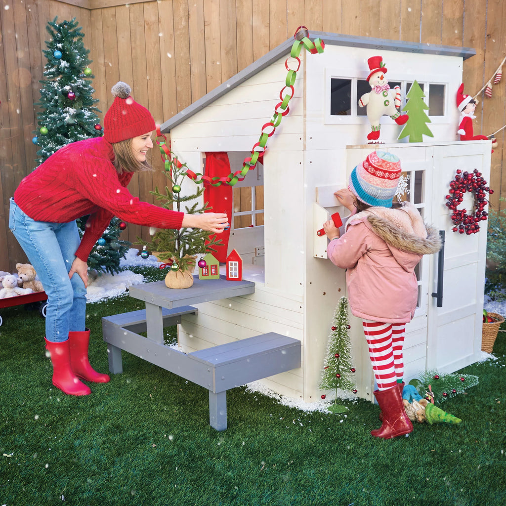 White Wooden Playhouse with Picnic Table, Mailbox & Outdoor Grill F71326