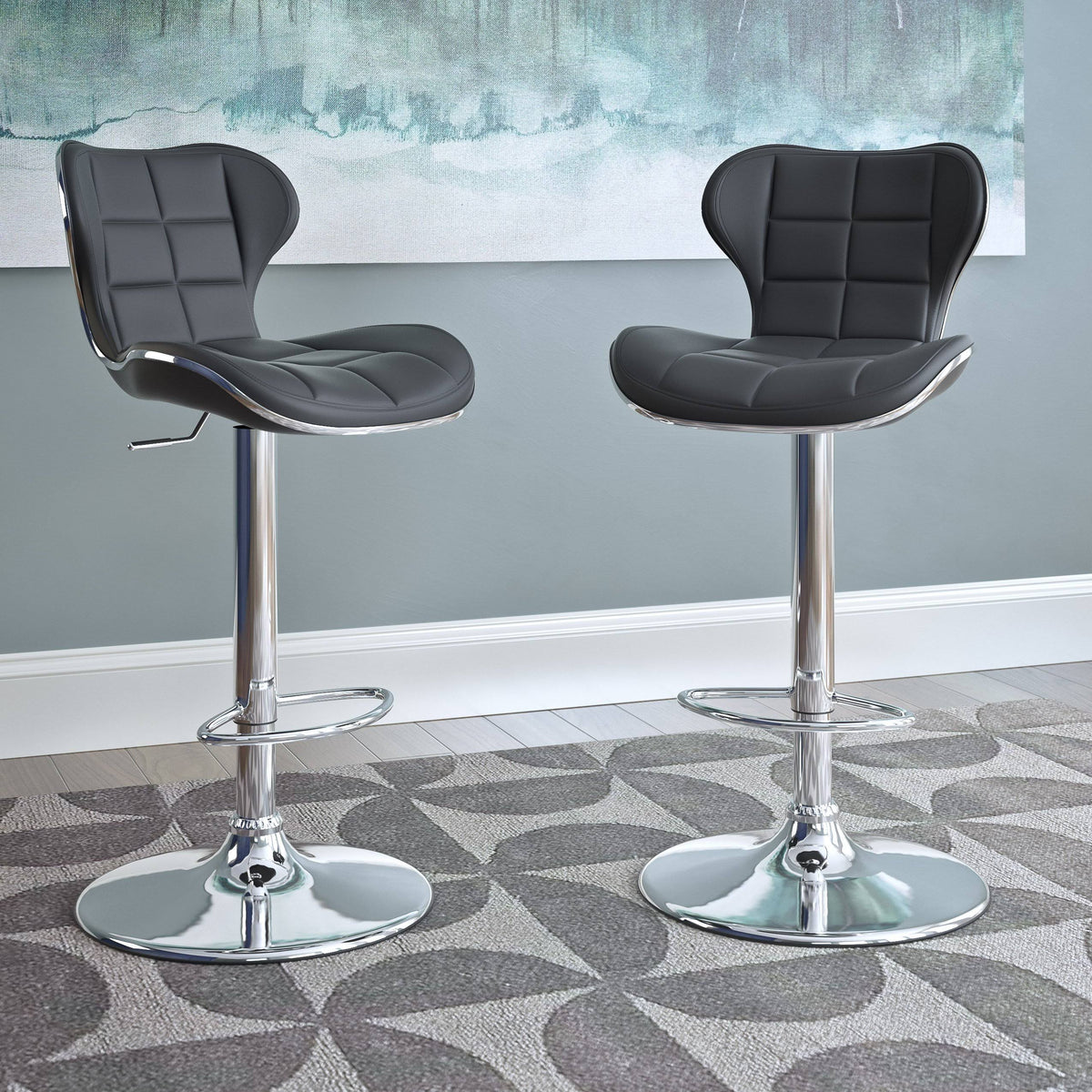 Adjustable Barstool in Black Bonded Leather, Set of 2 H406713