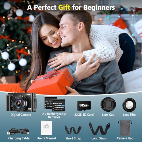 4K 64MP Compact Digital Camera with 32GB Card, 2 Batteries, Black J467