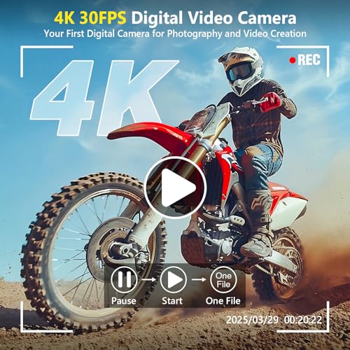 4K 64MP Compact Digital Camera with 32GB Card, 2 Batteries, Black J467