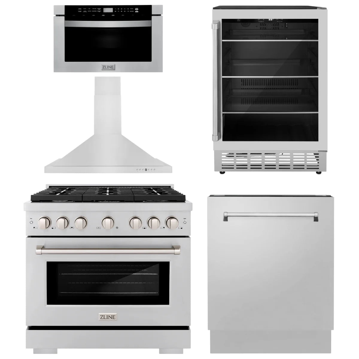 36 Gas Range, Range Hood, Microwave Drawer, Dishwasher and Beverage Fridge E388180