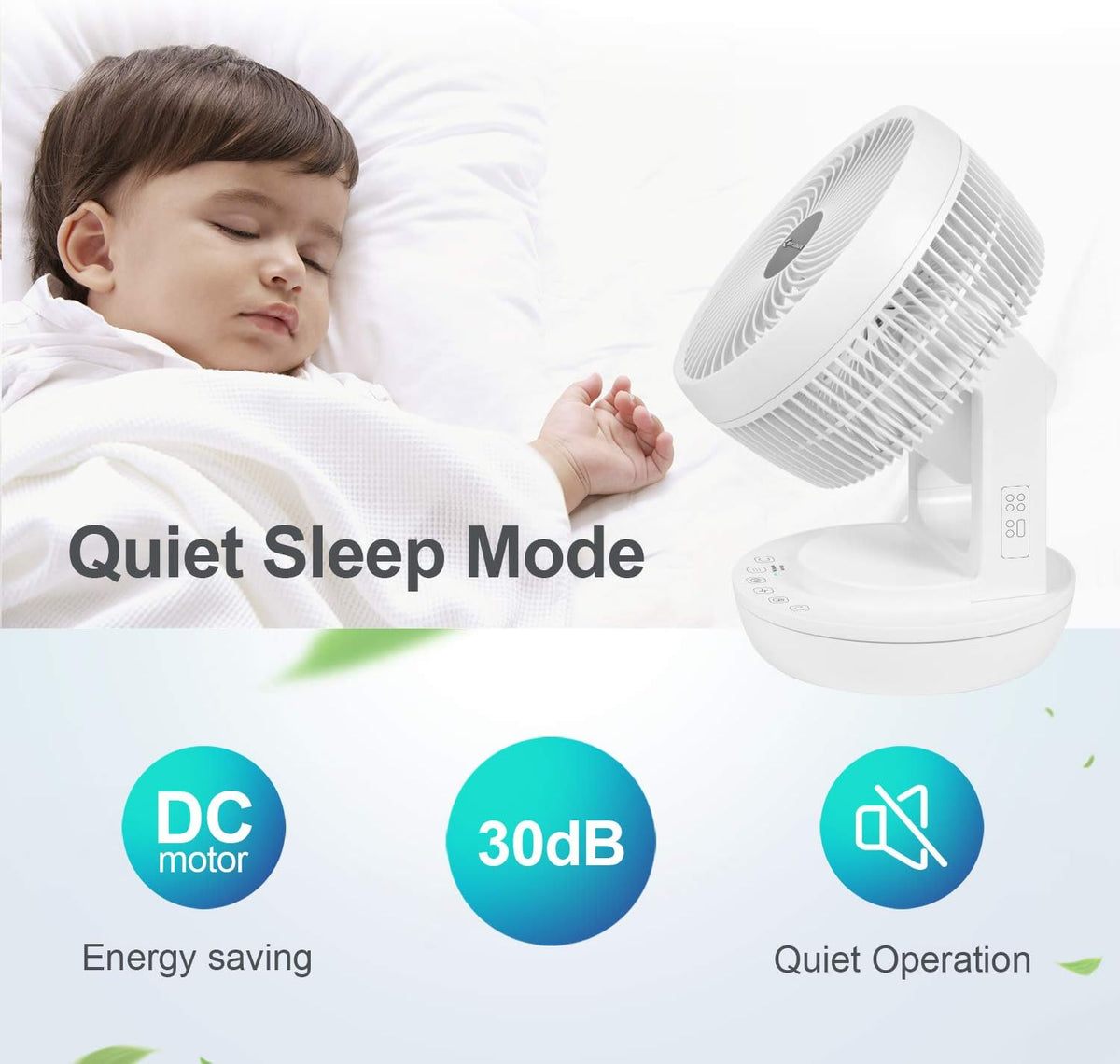 Quiet Air Circulator Fan DC Motor Desk Fan Auto Oscillating Fan With Remote 8 Speeds, 3 Modes, 8H Timer Cooling Table Fan G2479