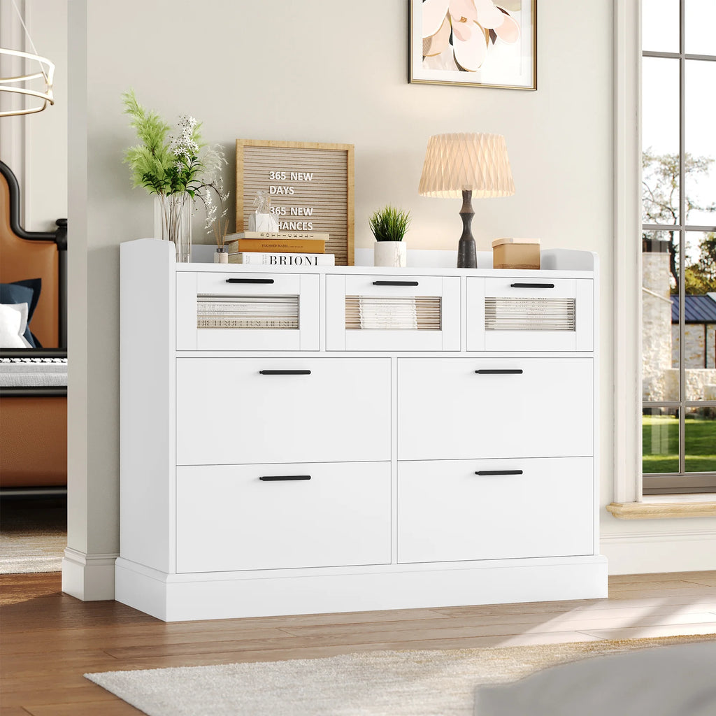 White 7 Drawer Glass Panel Wood Dresser Y46708