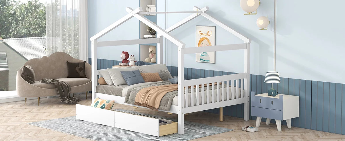 Full Size White Wooden House Bed with Drawers U67742