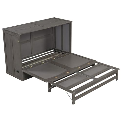 Queen Size Wood Murphy Bed with Charging Station and Storage Drawer G772388