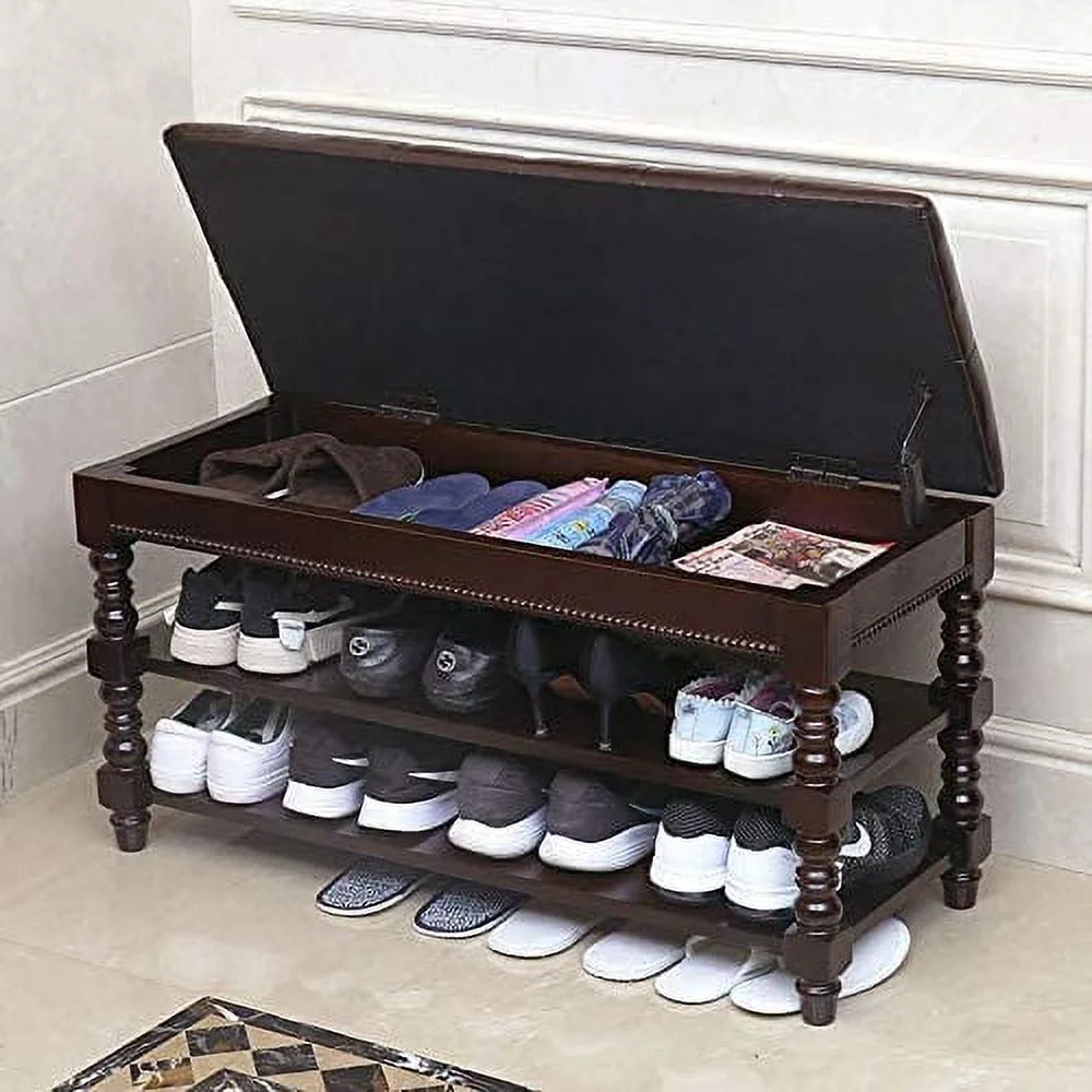 Solid Wood Shoe Storage Bench with Cushion A135