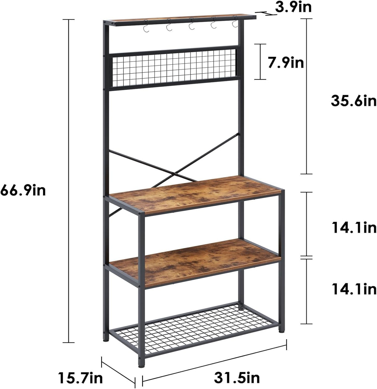 Rustic Brown 4-Tier Baker's Rack with 5 Hooks M200