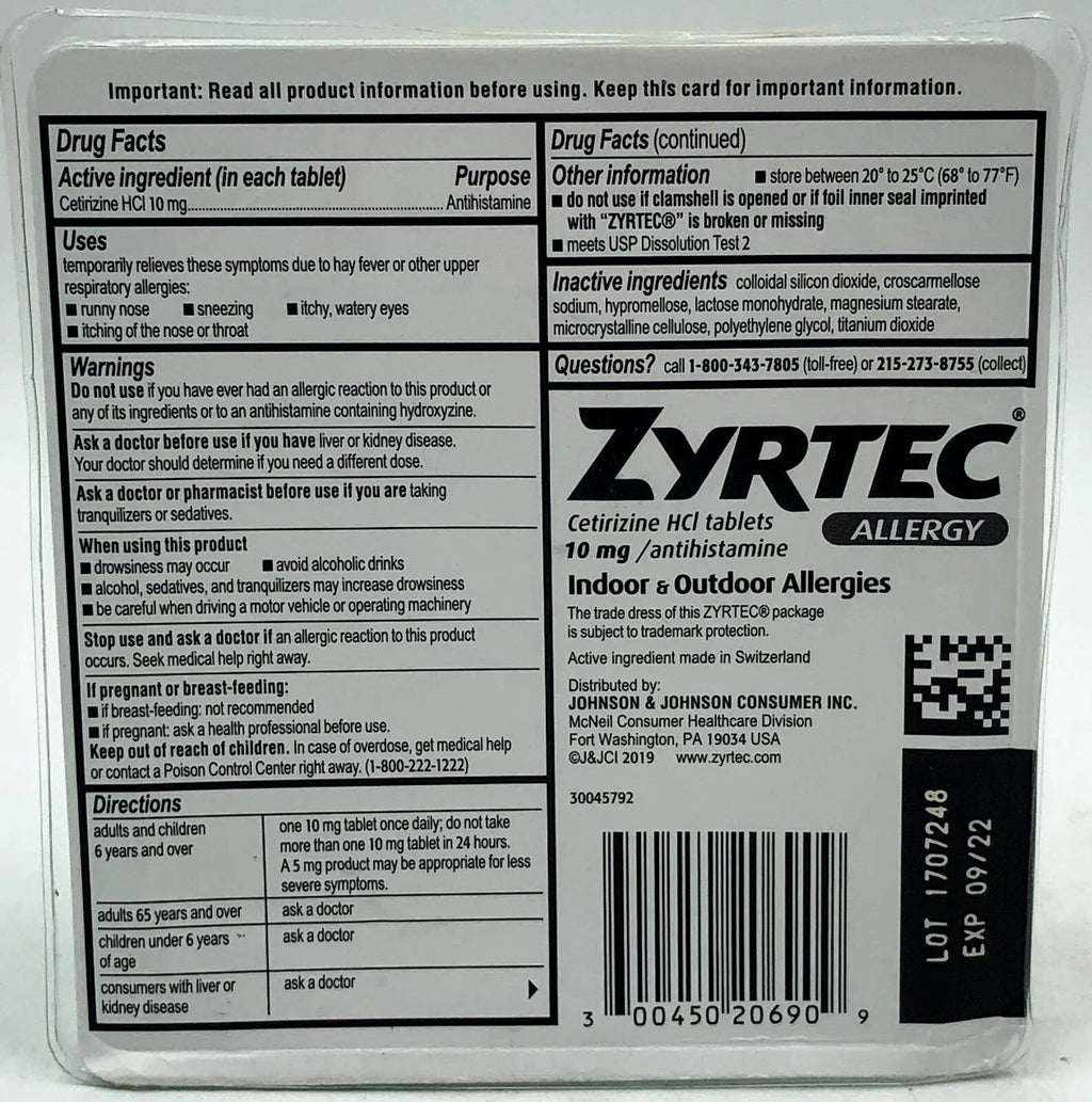 Cetirizine HCI 10 mg Antihistamine 90 Tablets Y189