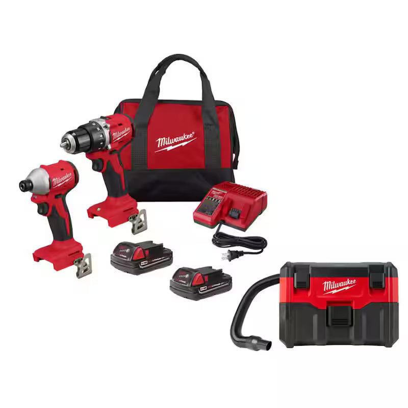 18-Volt Lithium-Ion Brushless Cordless Compact Drill/Impact Combo Kit with 2 Batteries, Charger, Bag & 2 Gal Vac N60098