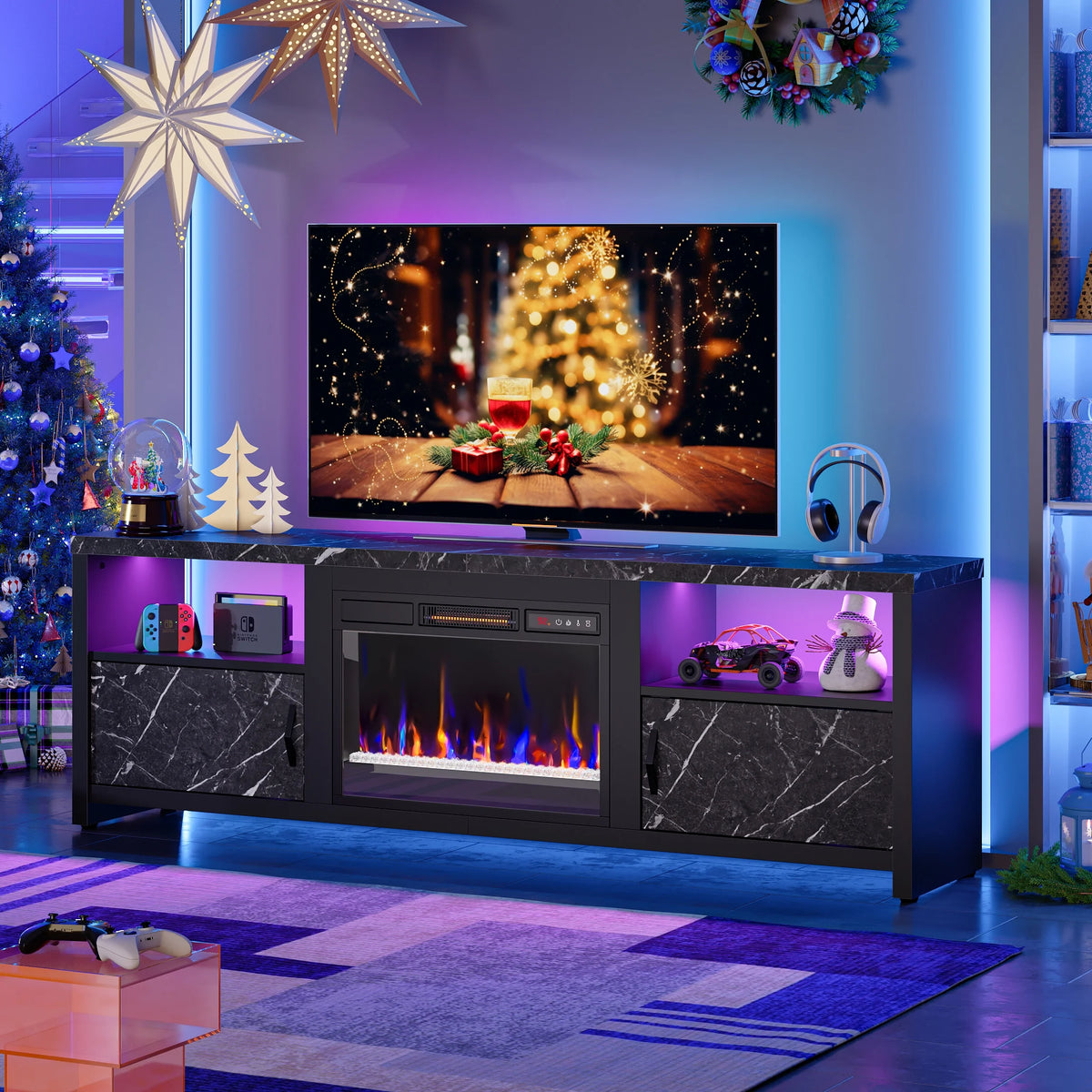 Black Marble Electric Fireplace TV Stand I594