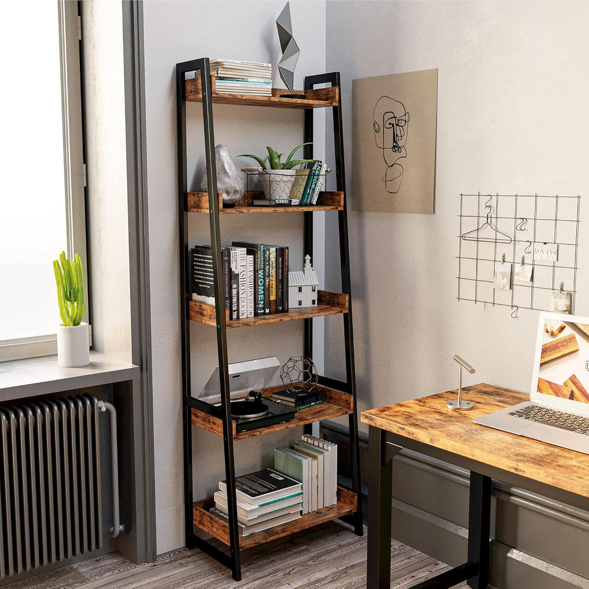 Industrial Bookshelf 4-Tier Ladder Shelf with Metal Frame P6368