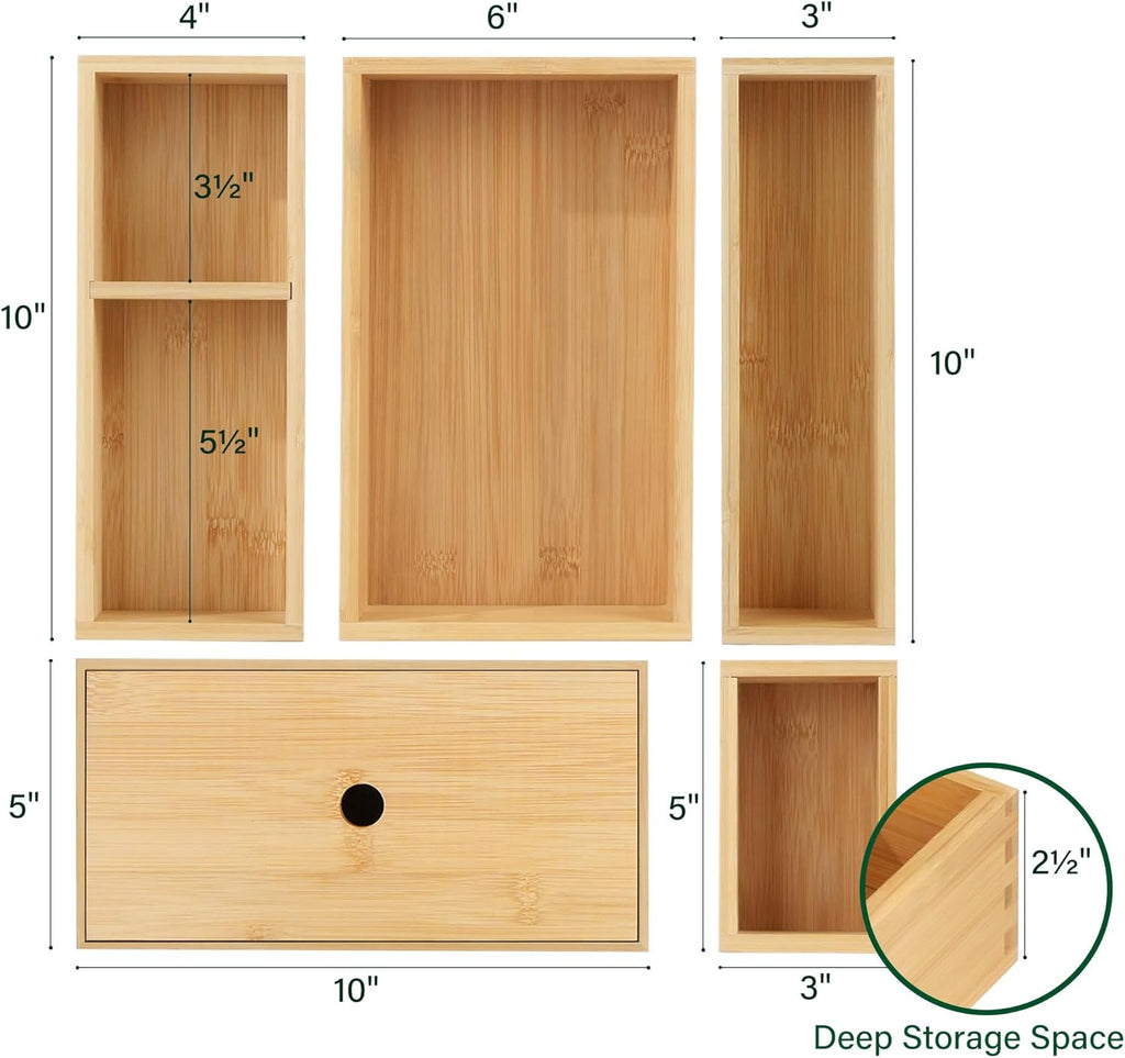 5 Pcs Bamboo Drawer Organizer Set Y1290