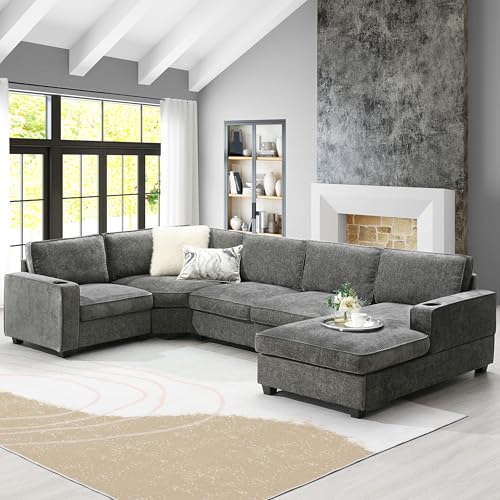 Dark Gray Chenille 6-Seat Sectional Sofa with Cup Holders N91218