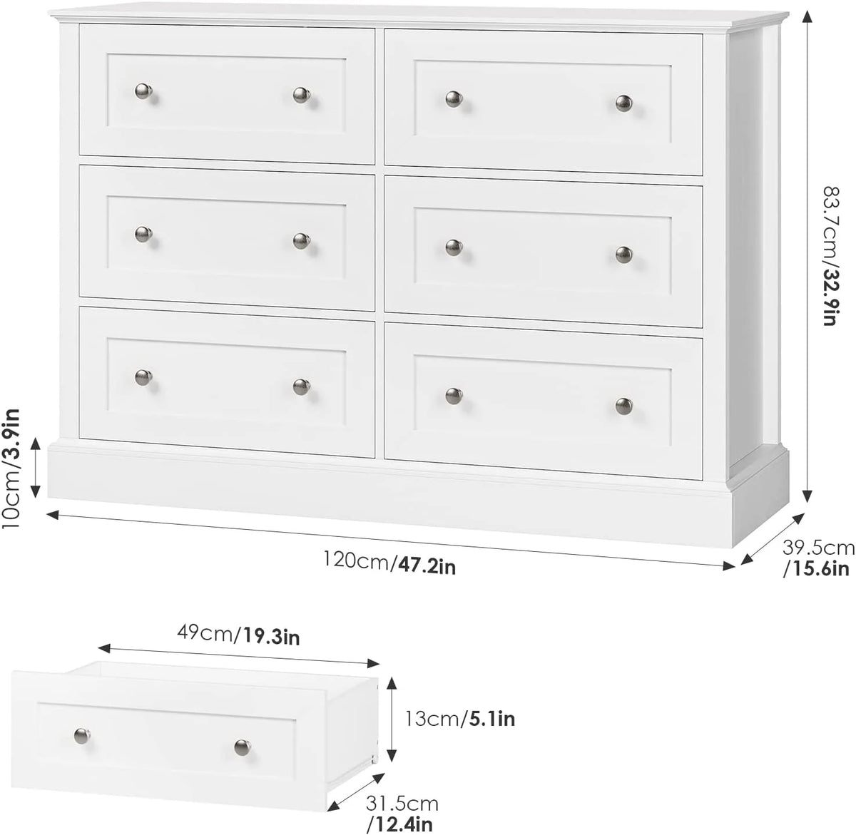 White 6 Drawer Double Dresser J736