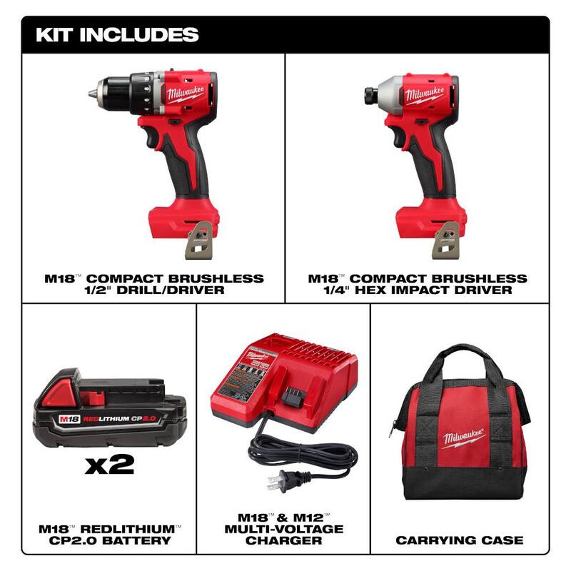 18-Volt Lithium-Ion Brushless Cordless Compact Drill/Impact Combo Kit with 2 Batteries, Charger, Bag & 2 Gal Vac N60098