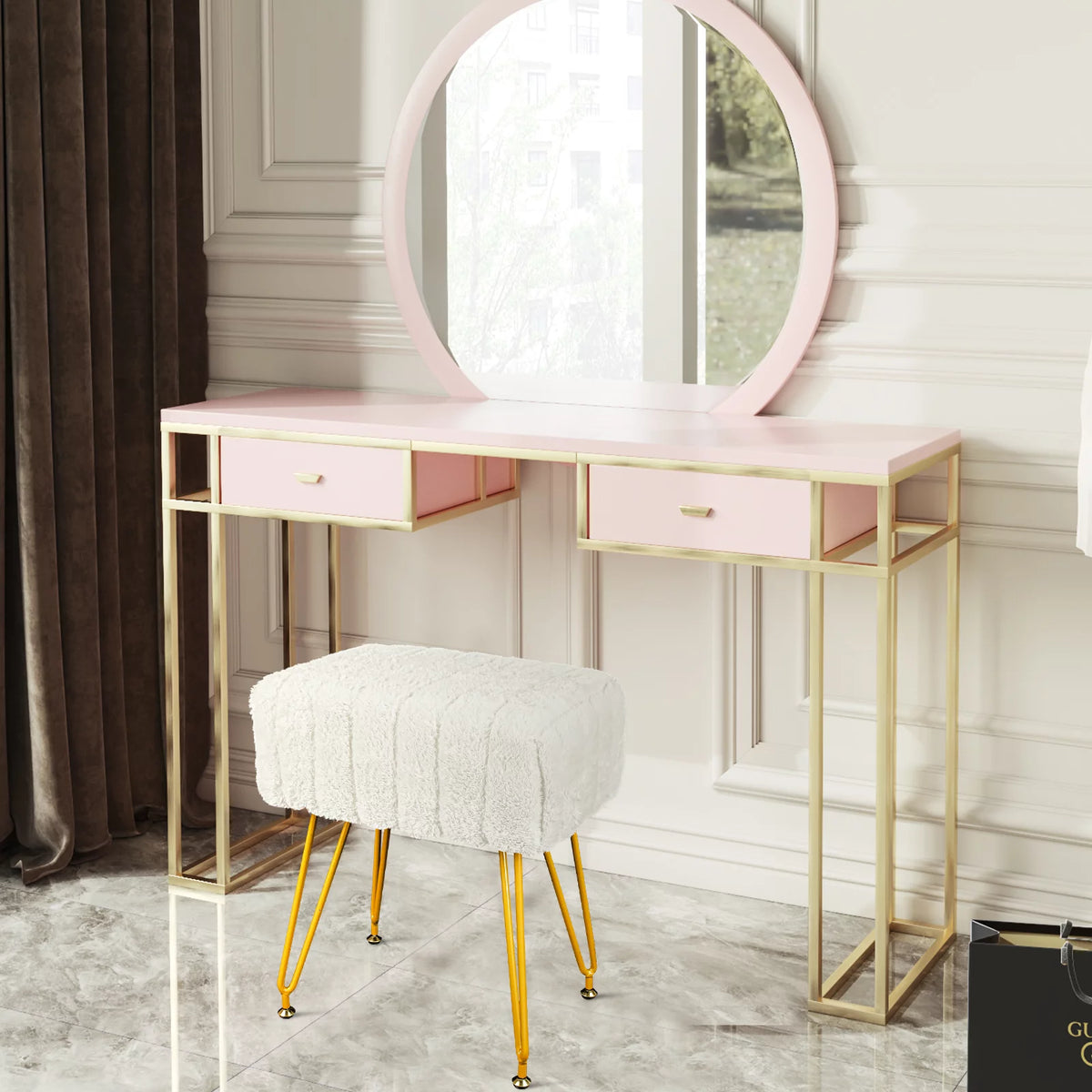 Square Faux Mink Upholstered Ottoman with Gold Legs Q966097