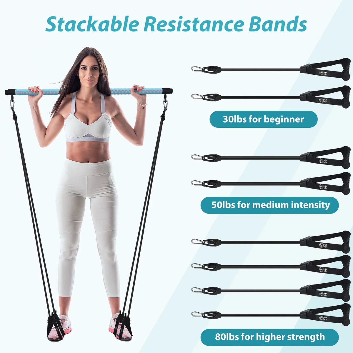 Adjustable Pilates Bar Kit with 4 Resistance Bands D5677