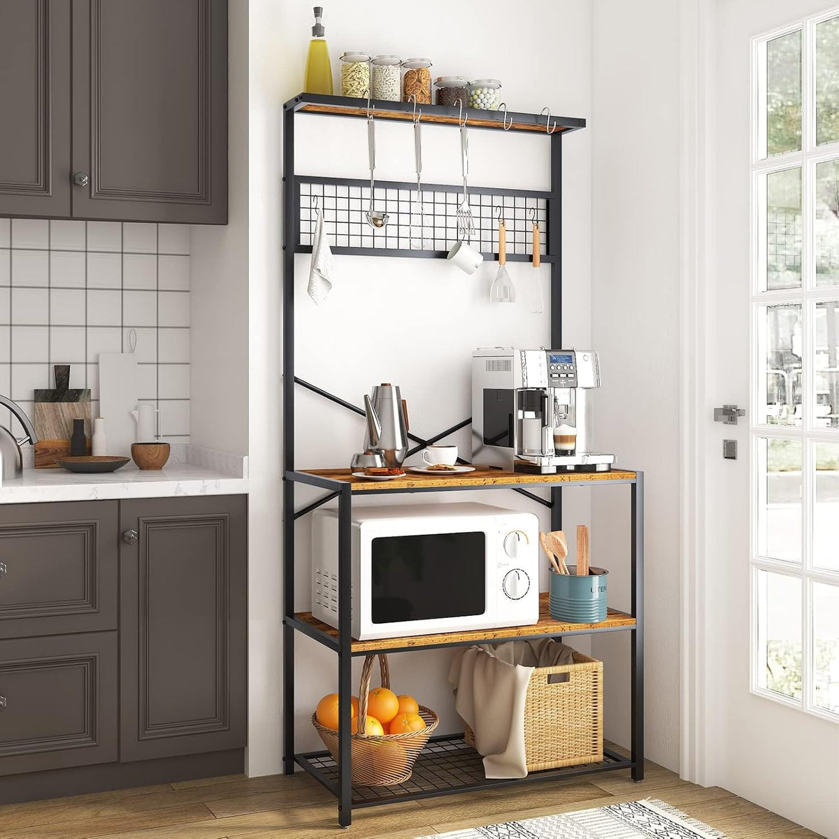 Rustic Brown 4-Tier Baker's Rack with 5 Hooks M200