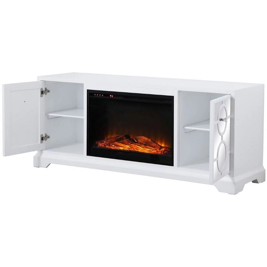 White Mirrored TV Stand with Wood Fireplace Insert W34736