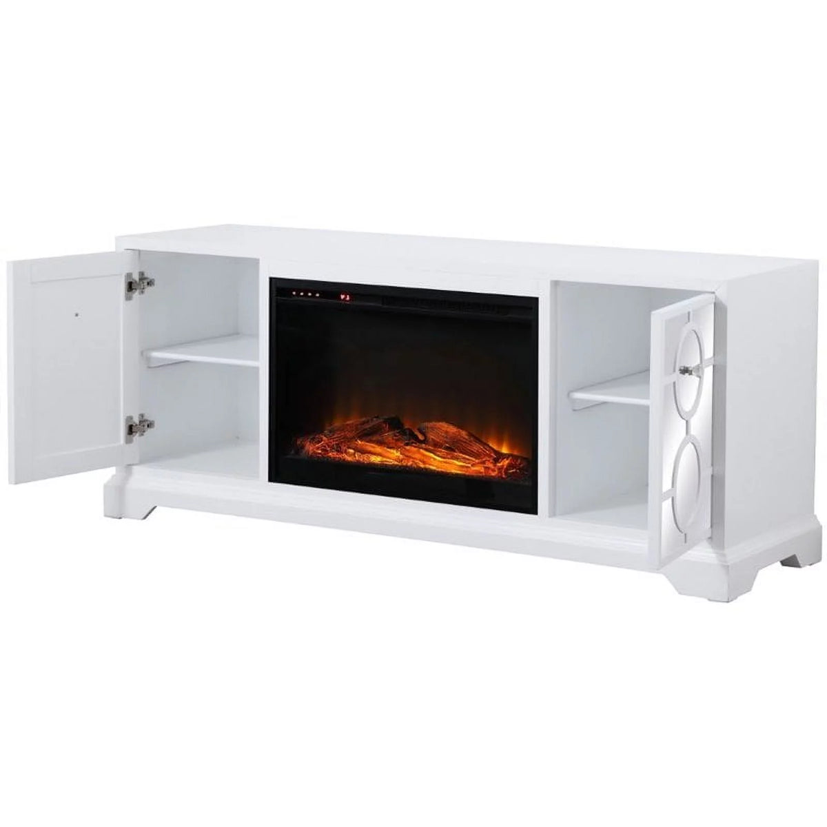 White Mirrored TV Stand with Wood Fireplace Insert W34736