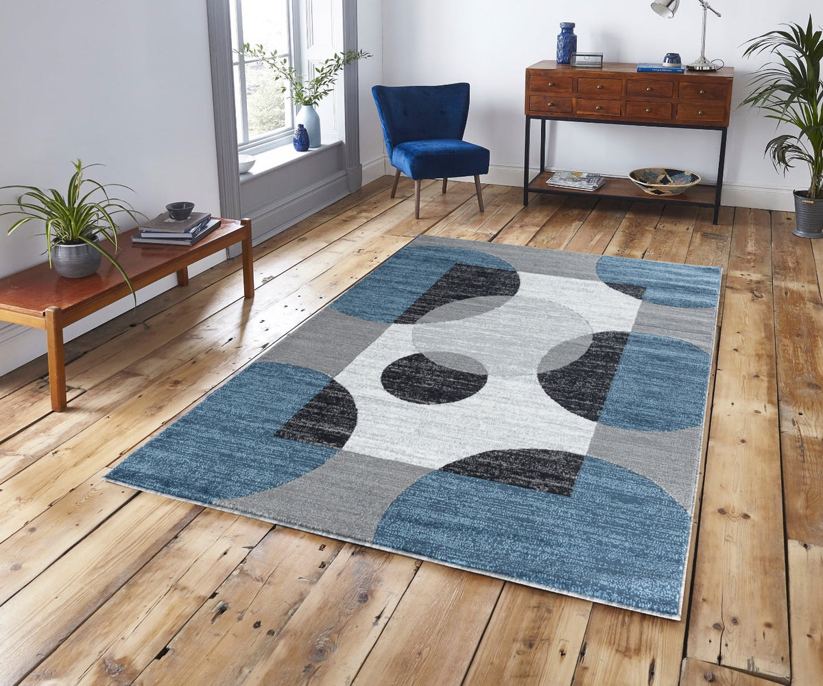 Blue Black White Grey Abstract Area Rug M9762