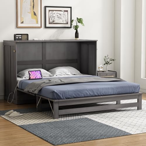 Queen Size Wood Murphy Bed with Charging Station and Storage Drawer G772388