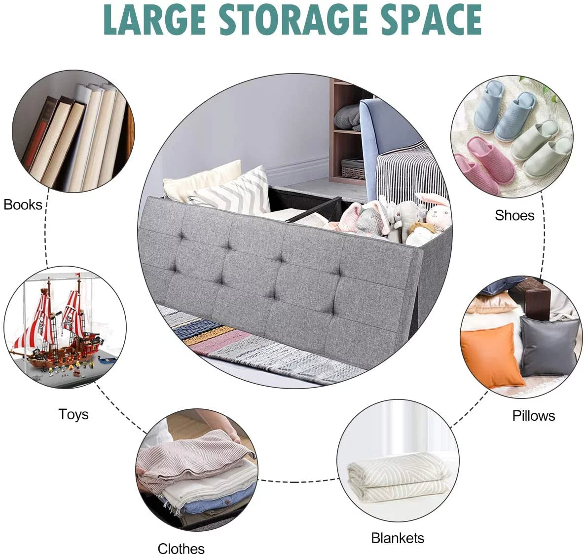 Light Gray Folding Storage Ottoman Bench P395