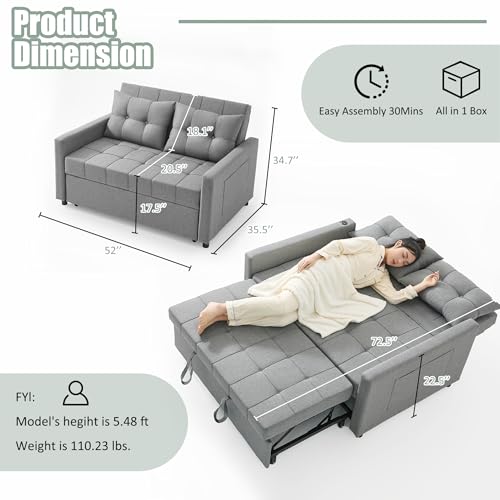 Light Gray Linen Sleeper Sofa with Pull-Out Bed C642322