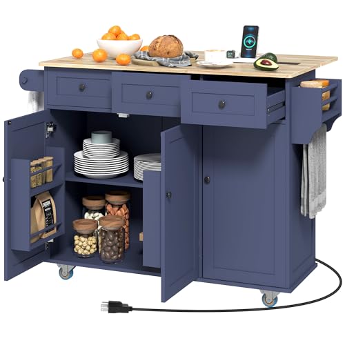 White Rolling Kitchen Island with Wood Top, 3 Drawers, Adjustable Shelf D98559