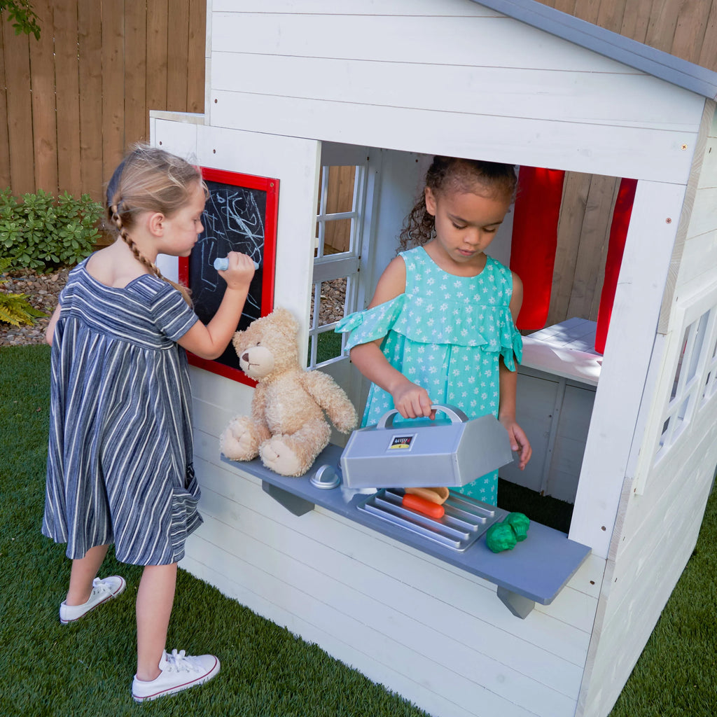 White Wooden Playhouse with Picnic Table, Mailbox & Outdoor Grill F71326