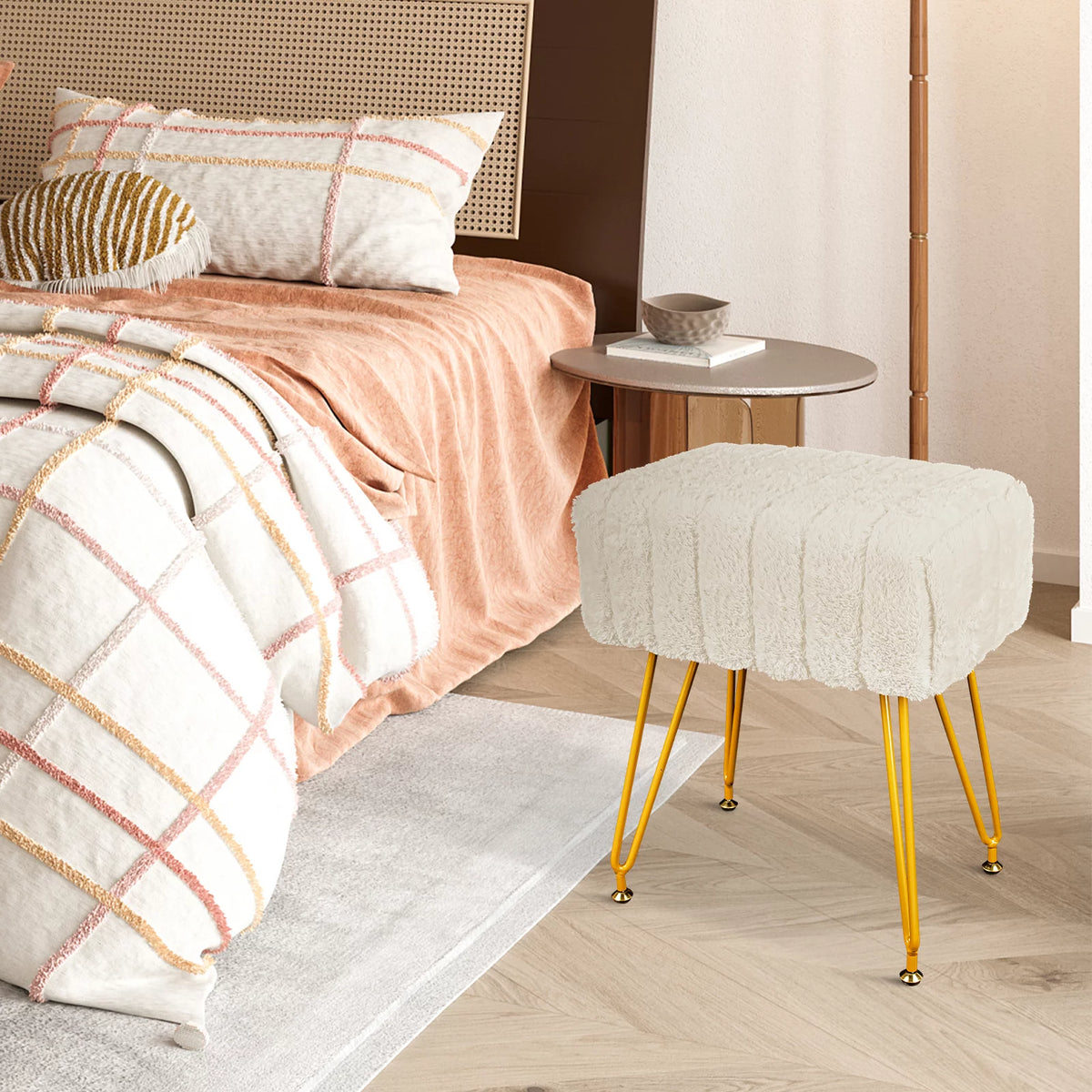 Square Faux Mink Upholstered Ottoman with Gold Legs Q966097