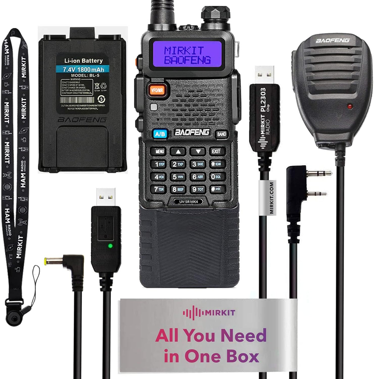 Baofeng Radio UV-5R MK4 8 Watt Max Power with 3800 mAh Handheld Mic and Programming Cable H144287