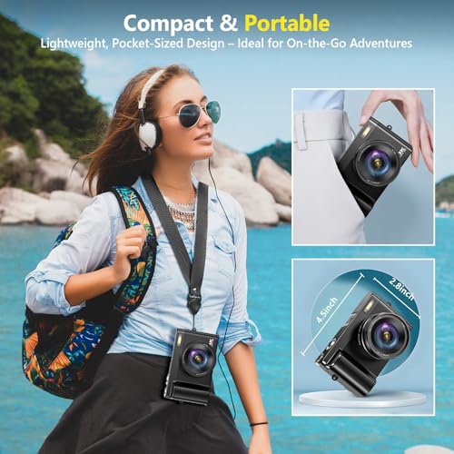 4K 64MP Compact Digital Camera with 32GB Card, 2 Batteries, Black J467