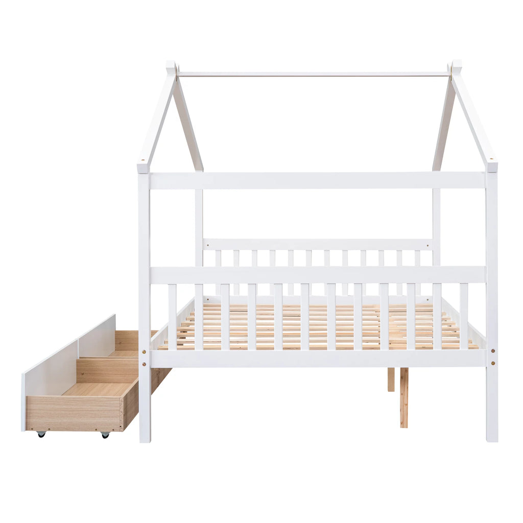 Full Size White Wooden House Bed with Drawers U67742