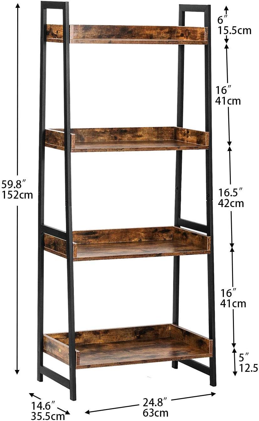 Industrial Bookshelf 4-Tier Ladder Shelf with Metal Frame P6368