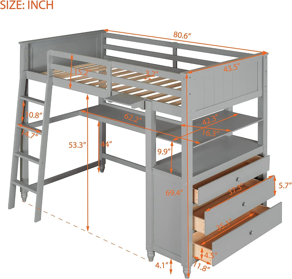 Solid Wood Loft Bed Frame with Storage Drawers and Shelves F87293