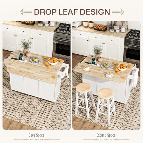 White Rolling Kitchen Island with Wood Top, 3 Drawers, Adjustable Shelf D98559
