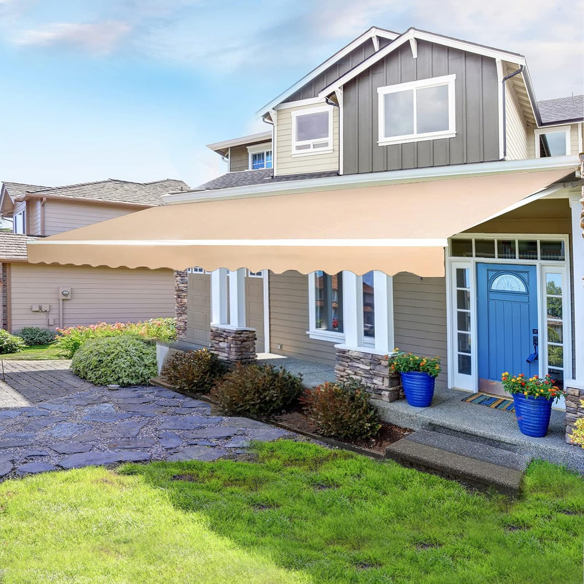 Beige Retractable Patio Awning with Manual Crank Handle V324