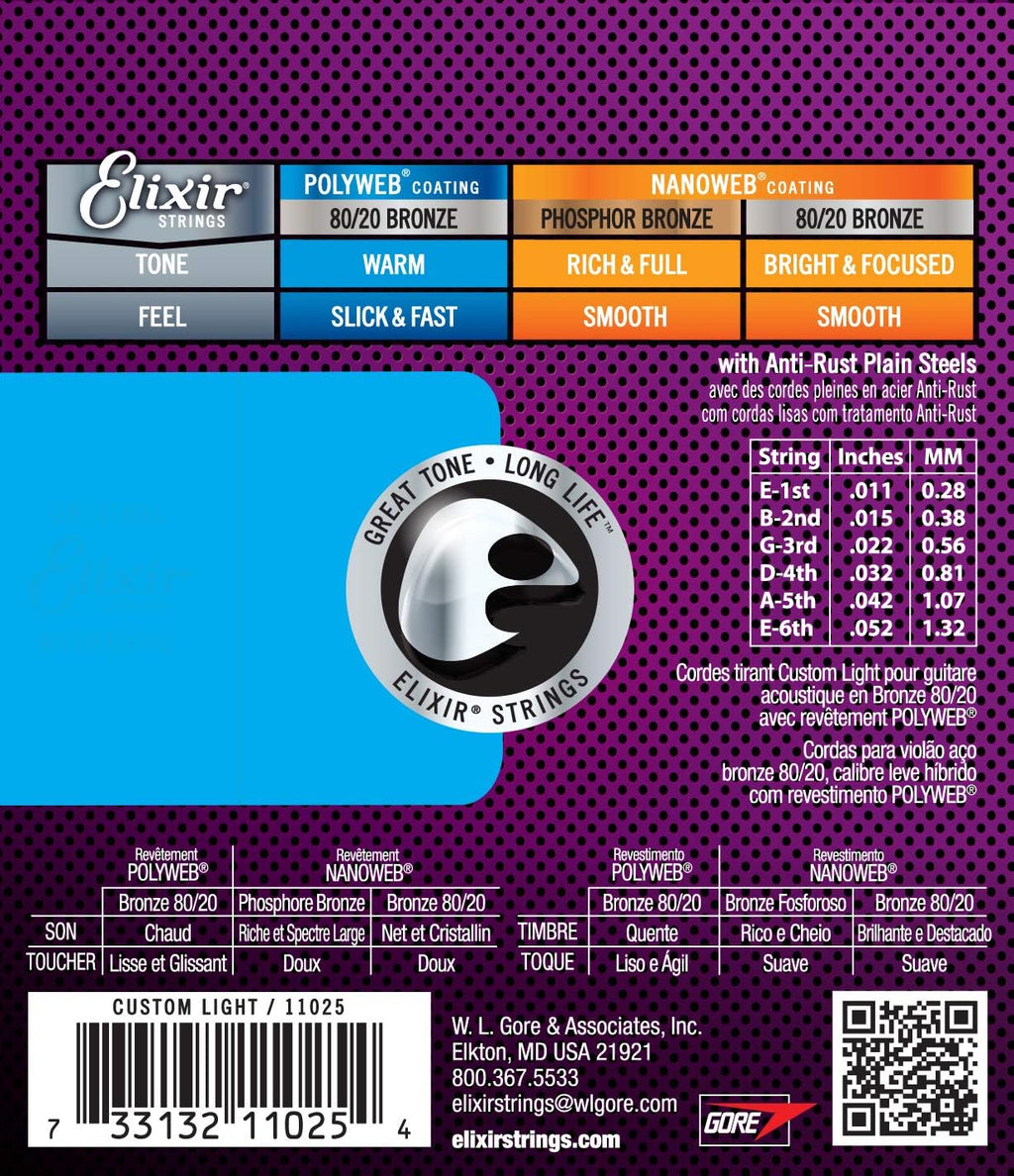 Acoustic Guitar Strings, 80/20 Bronze with POLYWEB Coating, 6 String Set, Custom Light 11-52 L27340