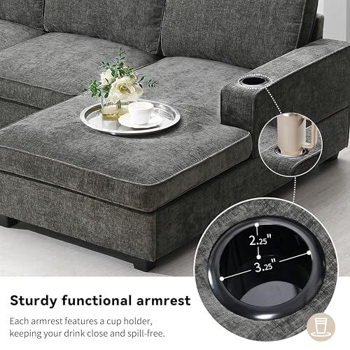 Dark Gray Chenille 6-Seat Sectional Sofa with Cup Holders N91218
