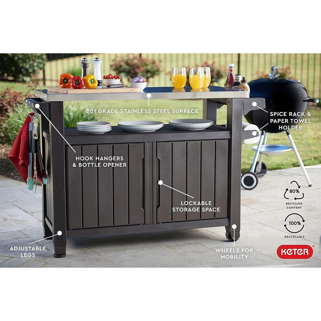 Brown Outdoor Kitchen Bar Rolling Cart with Storage Cabinet F68667