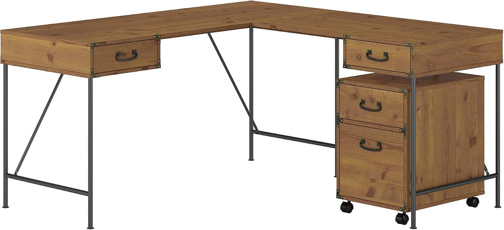 Vintage Golden Pine Writing Desk and 2 Drawer File Cabinet F18612