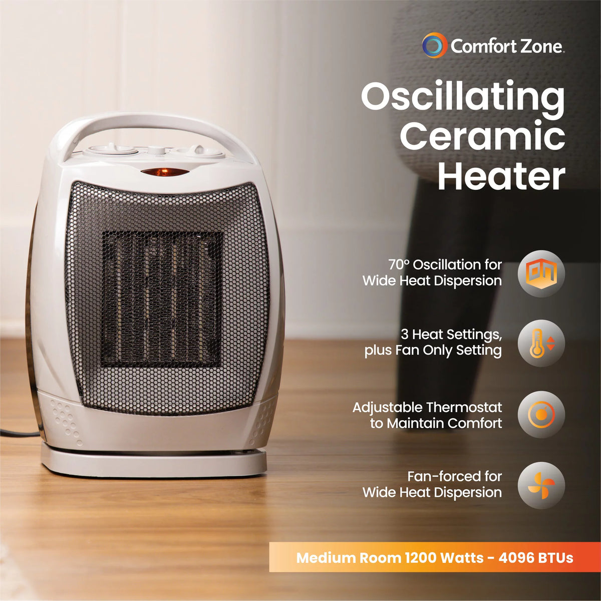 1,500-Watt Oscillating Ceramic Heater with Adjustable Thermostat Z70127