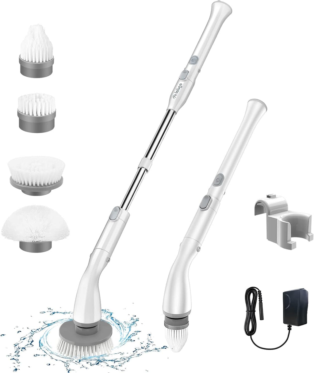 Electric Spin Scrubber with 4 Replaceable Brush Heads and Adjustable Extension Handle (White) Pack of 2 H71066
