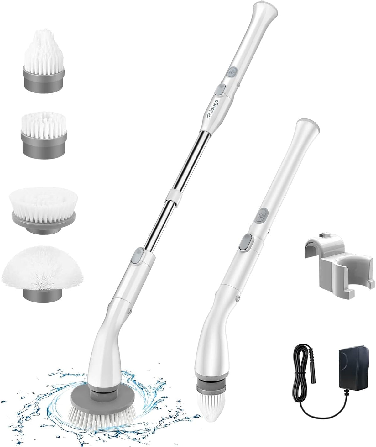 Electric Spin Scrubber with 4 Replaceable Brush Heads and Adjustable Extension Handle (White) Pack of 2 H71066