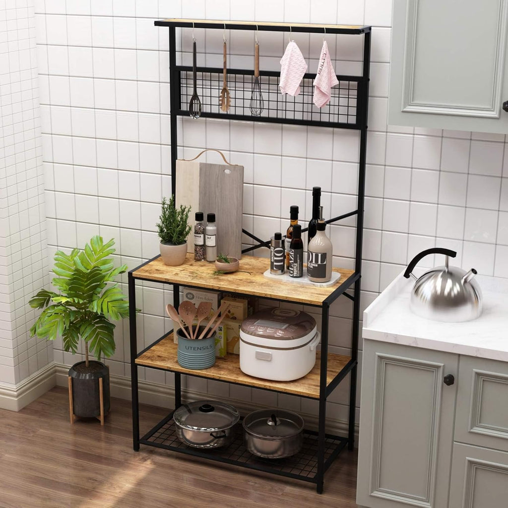 Rustic Brown 4-Tier Baker's Rack with 5 Hooks M200