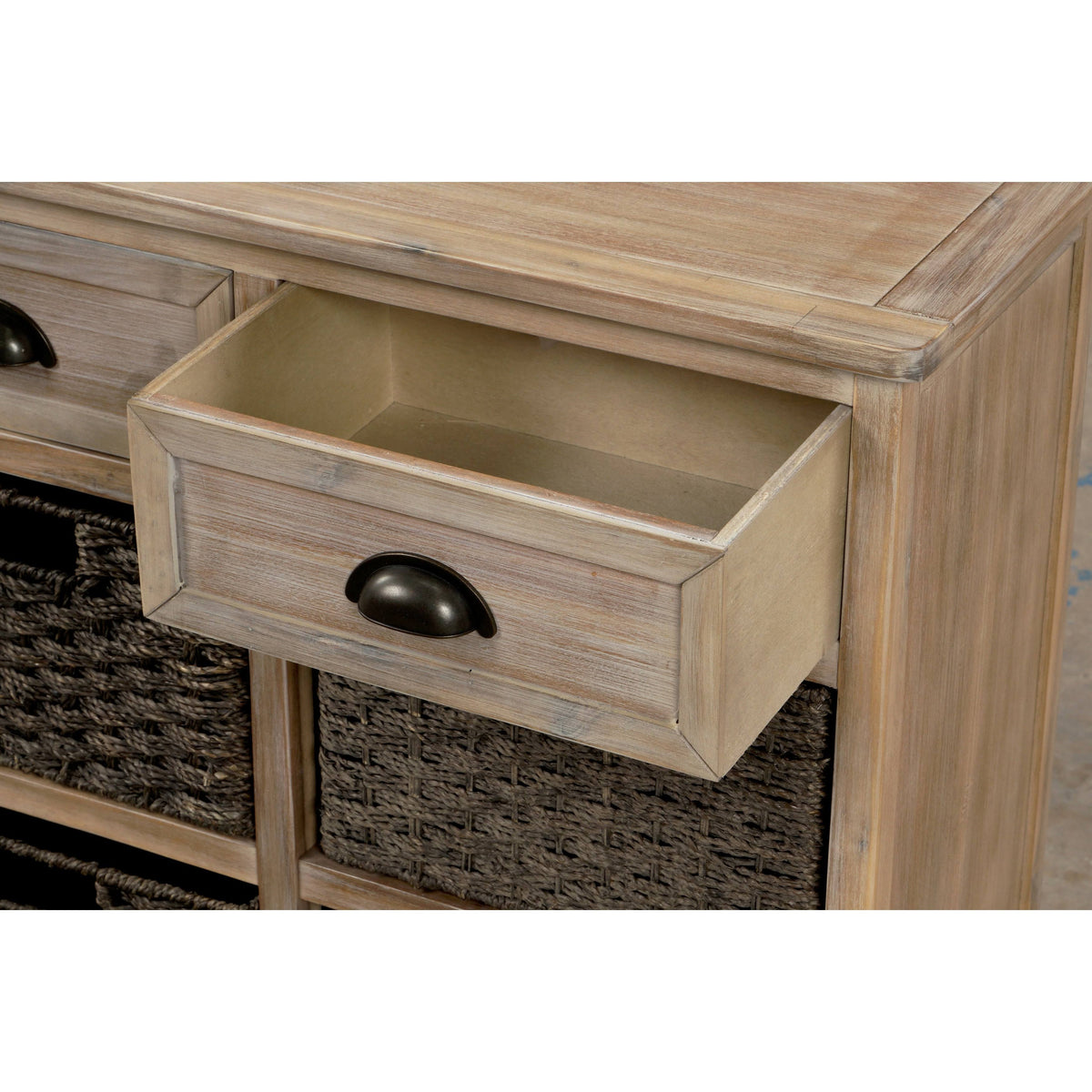 Rustic Storage Cabinet with 2 Drawers and 4 Fabric Basket E5308