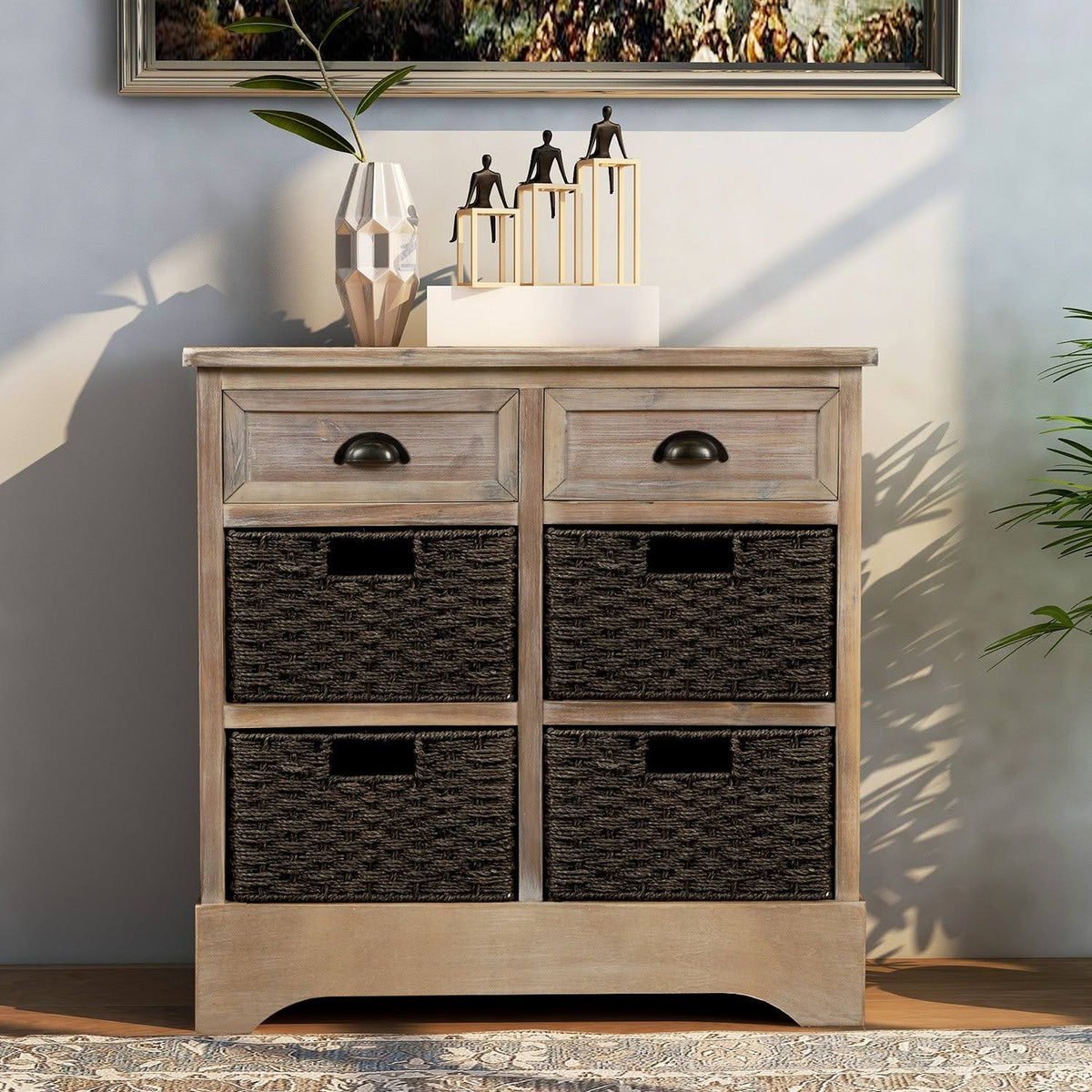 Rustic Storage Cabinet with 2 Drawers and 4 Fabric Basket E5308