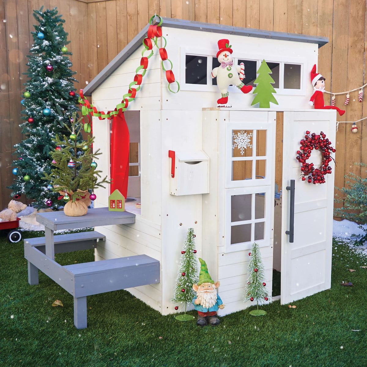 White Wooden Playhouse with Picnic Table, Mailbox & Outdoor Grill F71326